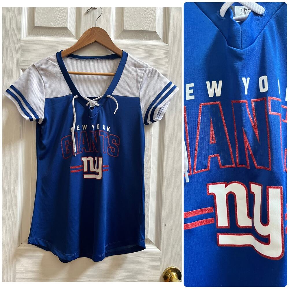 NFL Team Women’s New York Giants NY Mixed Media V Neck Tie Detail Top Medium